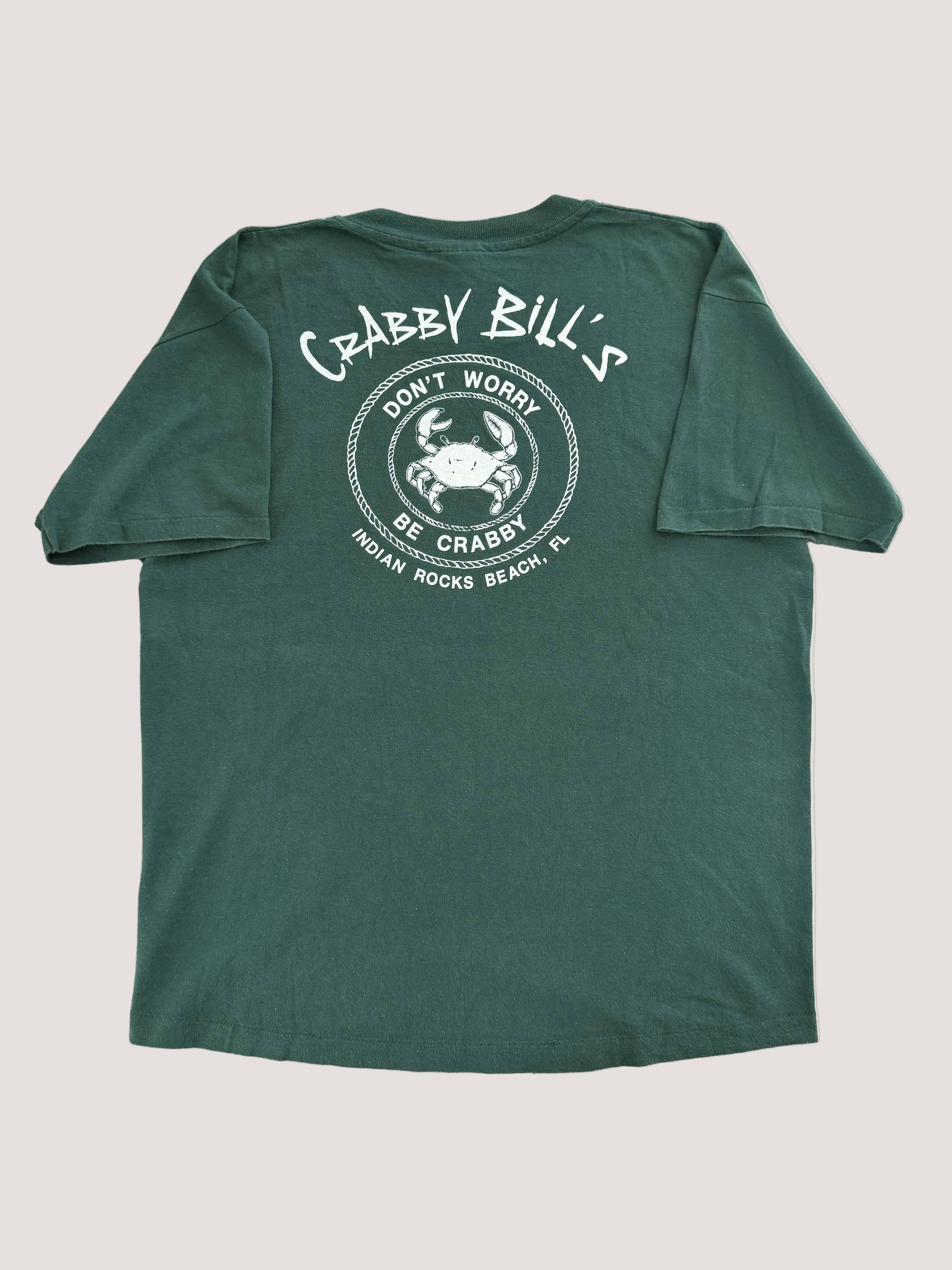 Green t-shirt with white text and logo on a light gray background