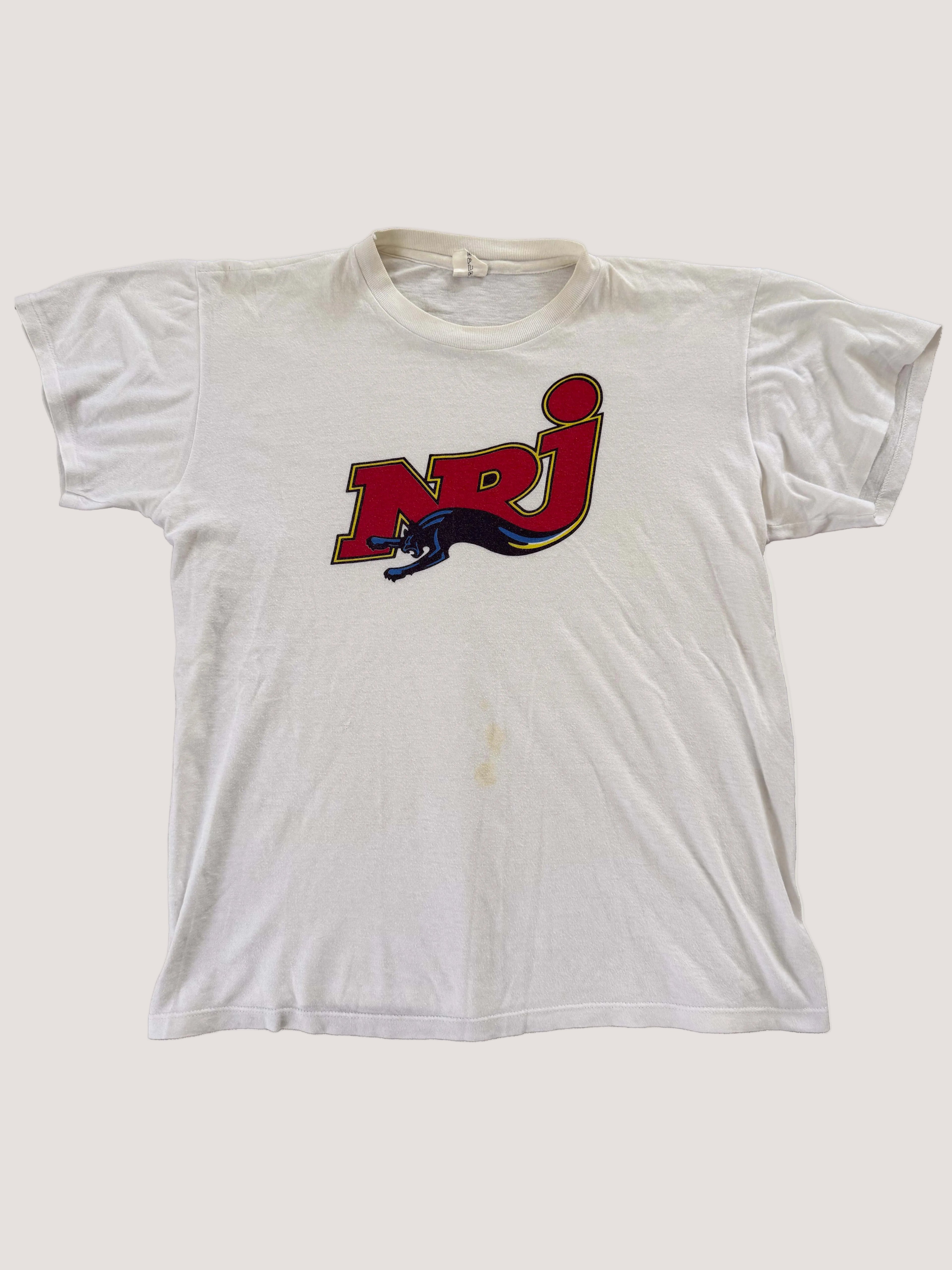 White t-shirt with NRJ logo on a light gray background