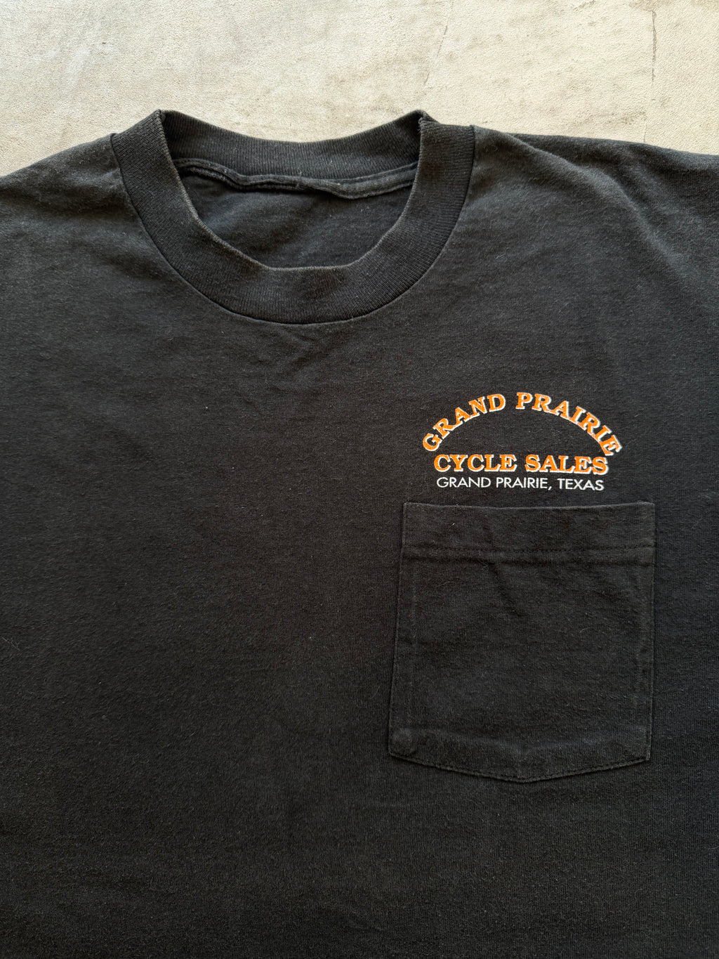 Vintage 1990 Grand Prairie Cycle Sales pocket tee