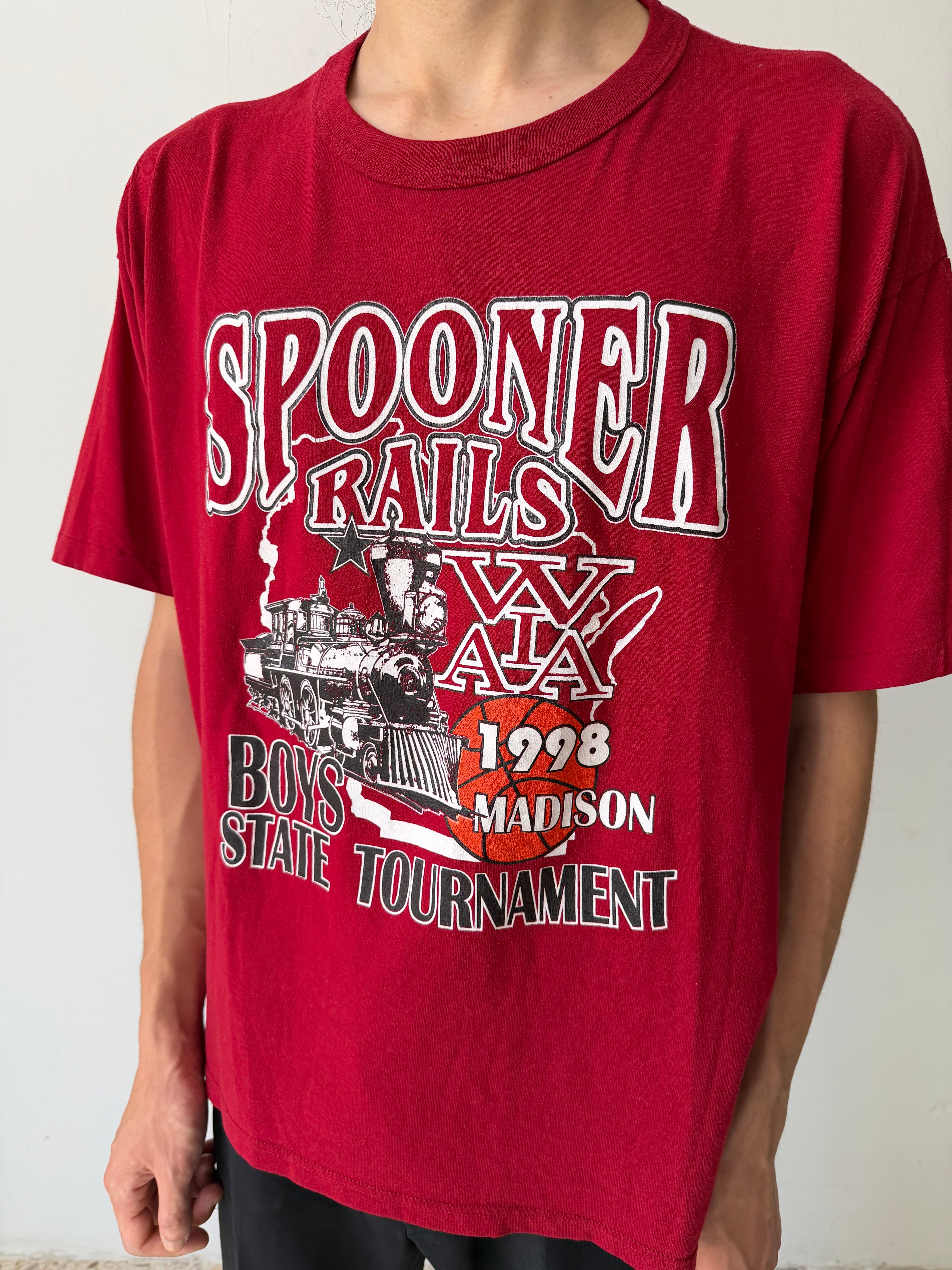 Vintage 1998 Spooner Rails "Back To State" Basketball Tee — Russell Athletic