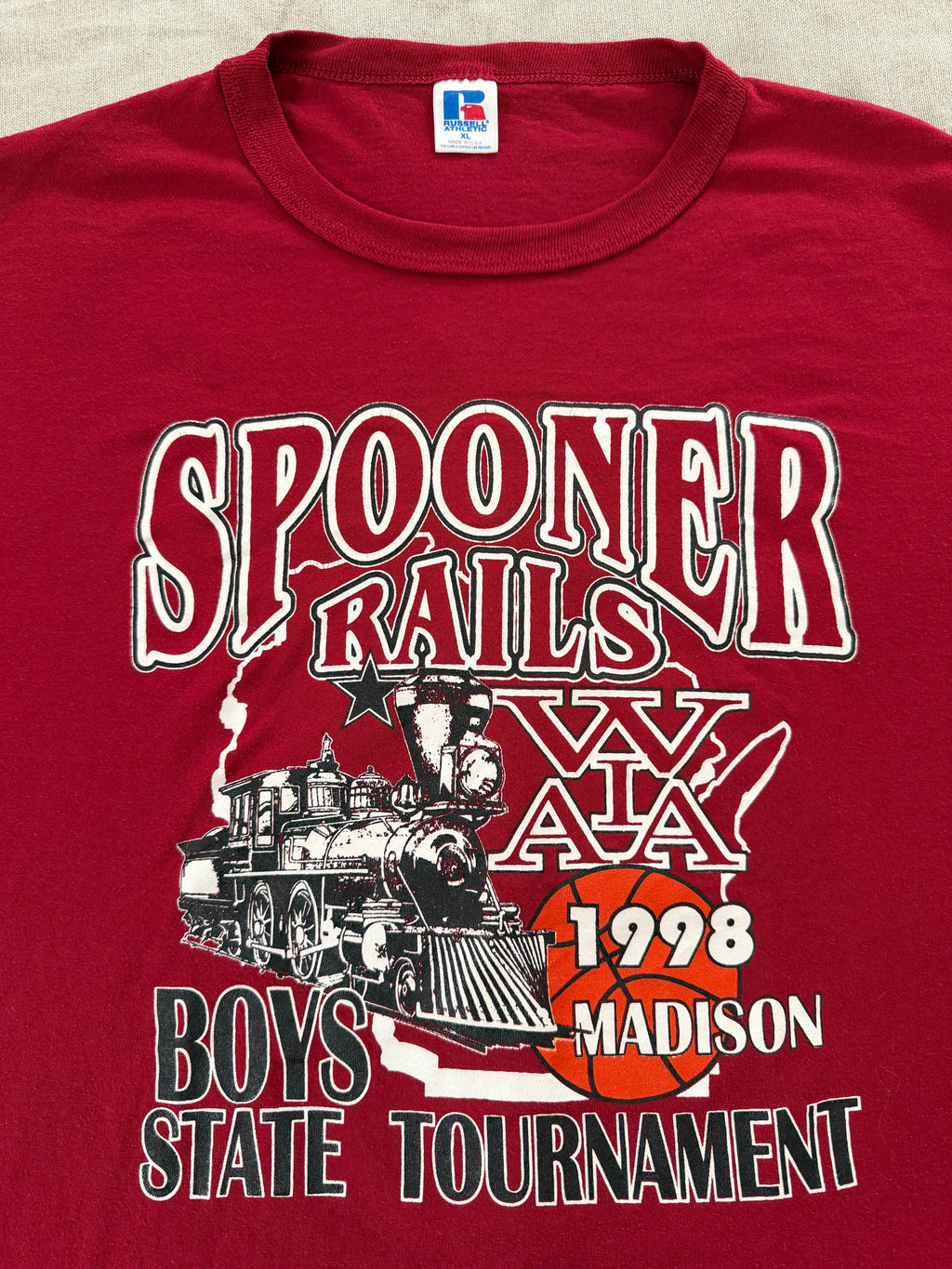 Vintage 1998 Spooner Rails "Back To State" Basketball Tee — Russell Athletic