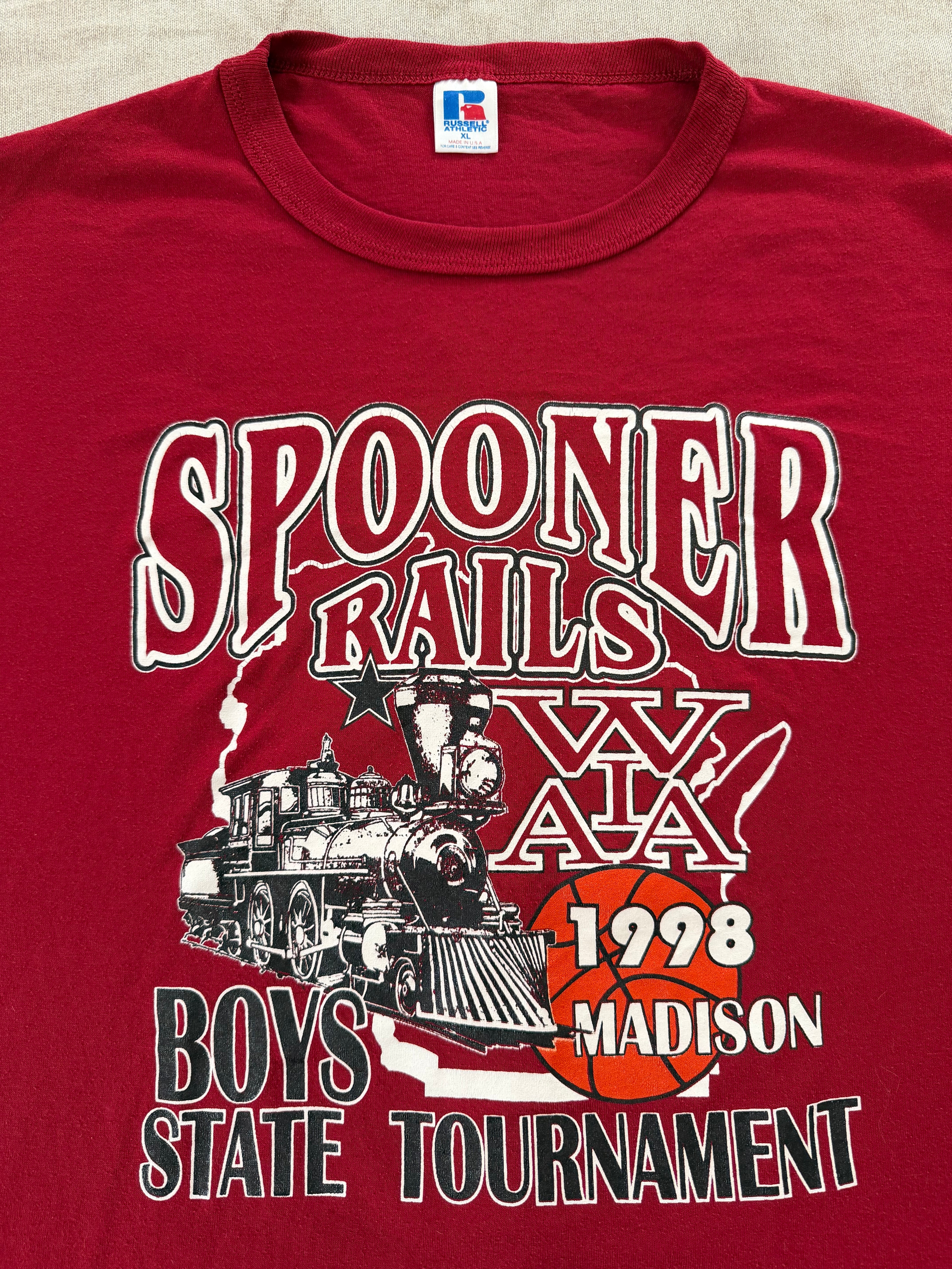 Vintage 1998 Spooner Rails "Back To State" Basketball Tee — Russell Athletic