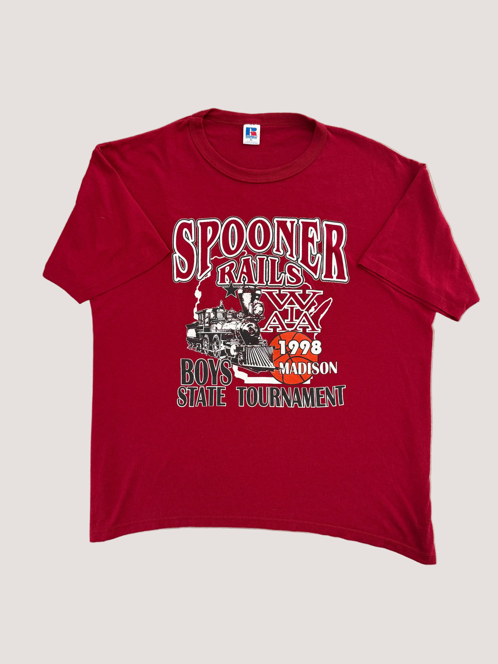 Vintage 1998 Spooner Rails "Back To State" Basketball Tee — Russell Athletic