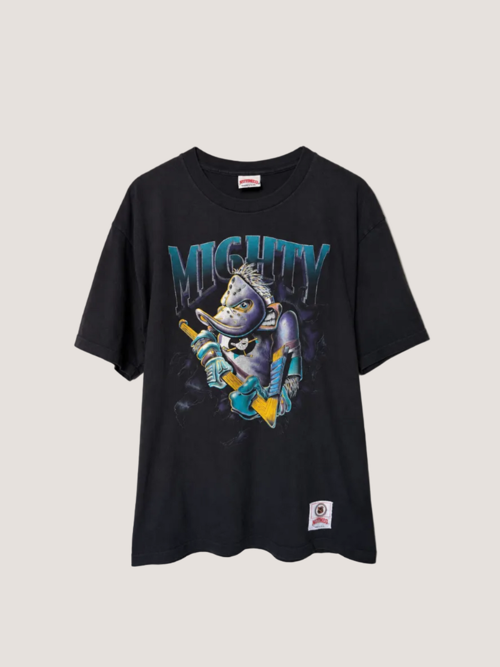 Black t-shirt with a graphic design of a fish holding skis and the word 'MIGHTY' on a plain background.