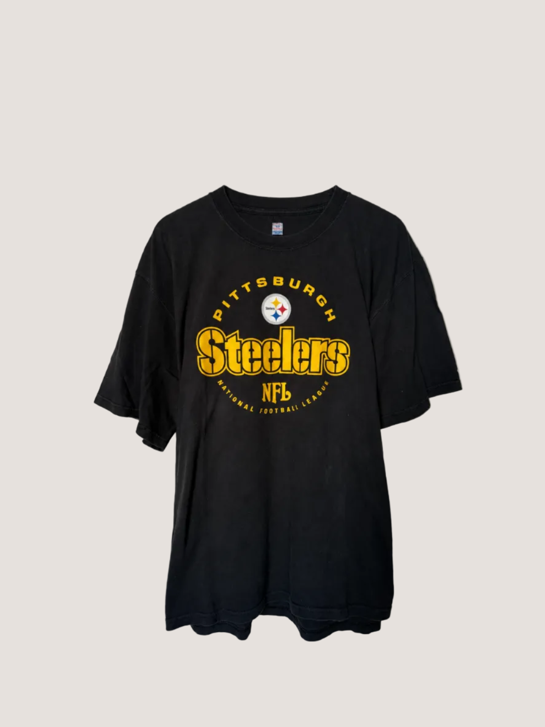 Black t-shirt with Pittsburgh Steelers logo on a white background
