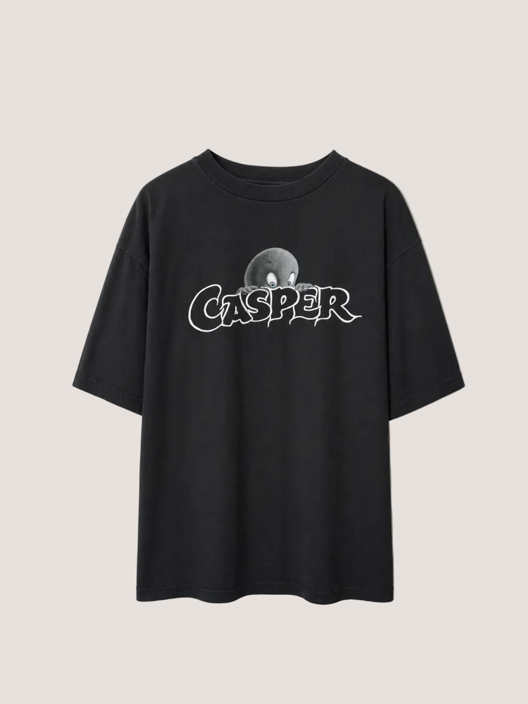 Black t-shirt with 'Casper' graphic on a plain background