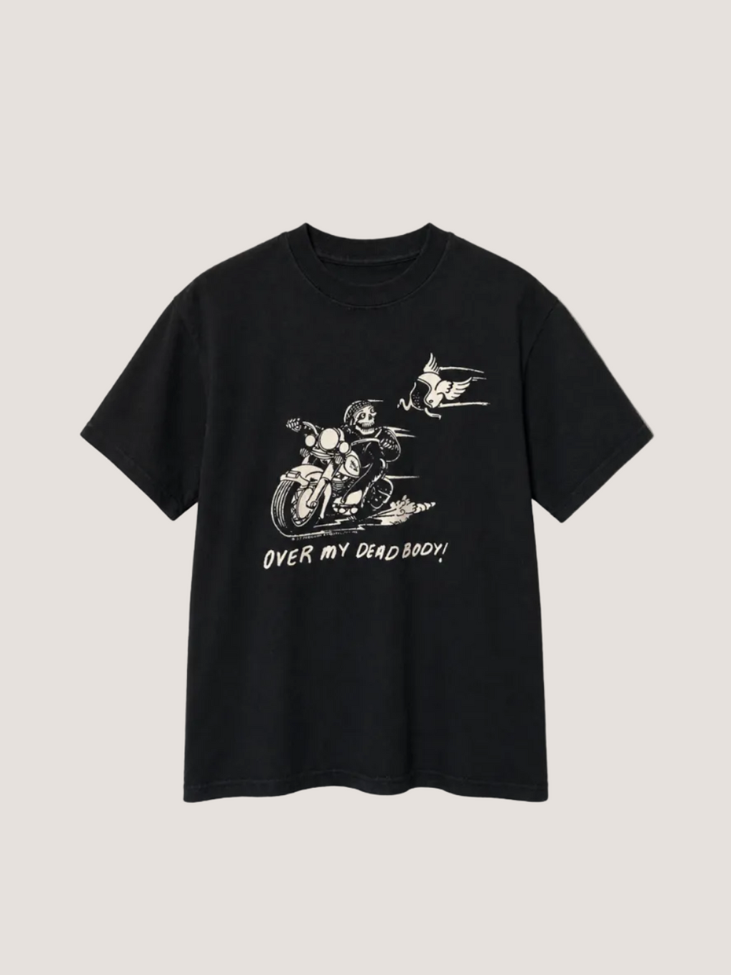Black t-shirt with graphic design and text on a beige background