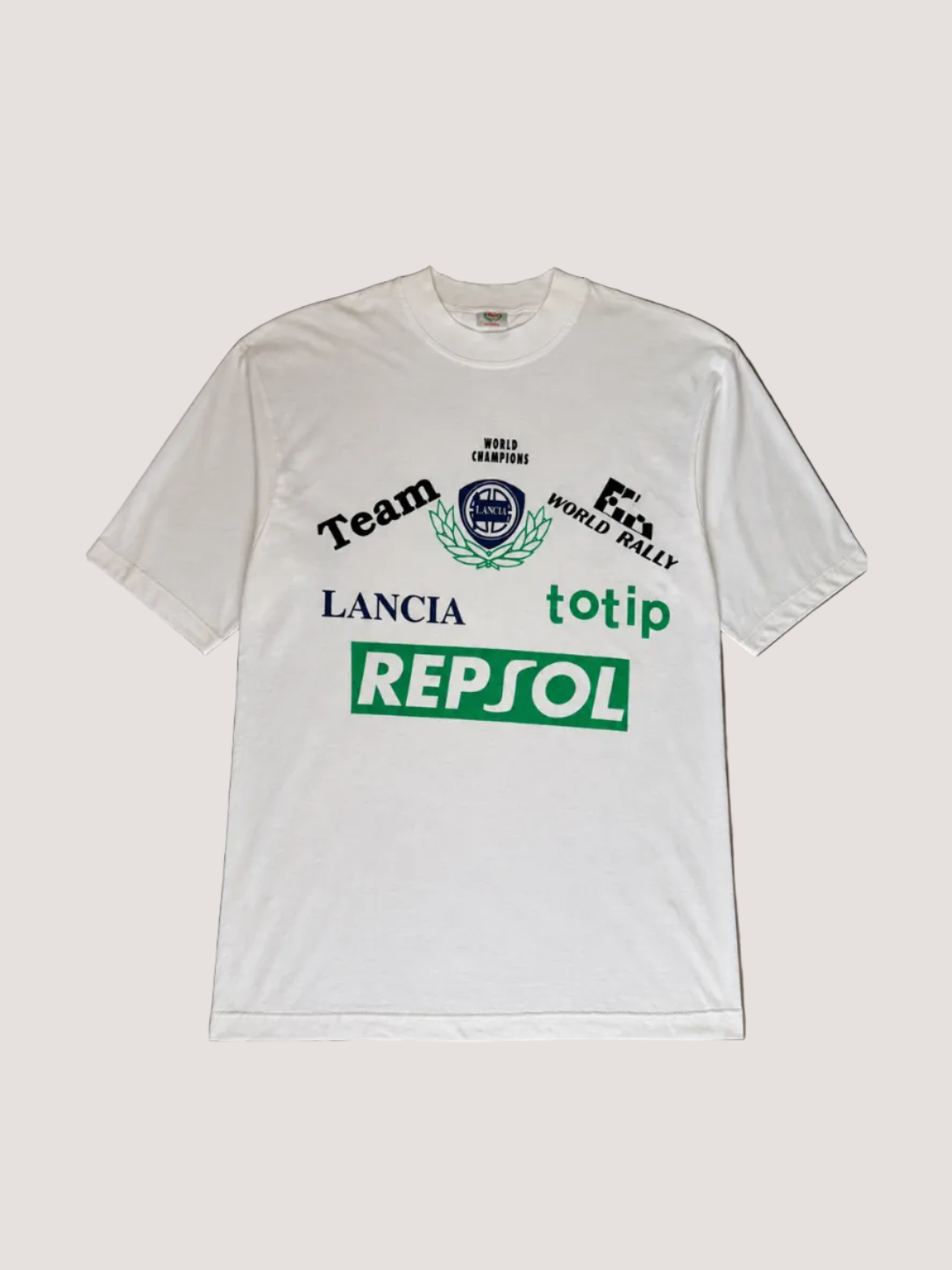 White t-shirt with Lancia, Totip, and Repsol logos on a white background