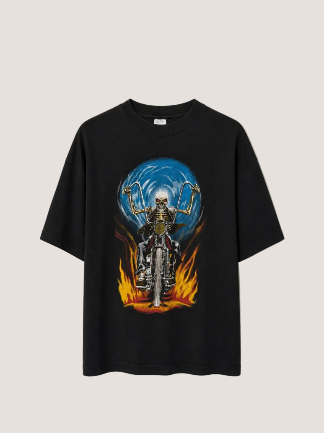 Black t-shirt with a skeleton on a motorcycle graphic against a white background