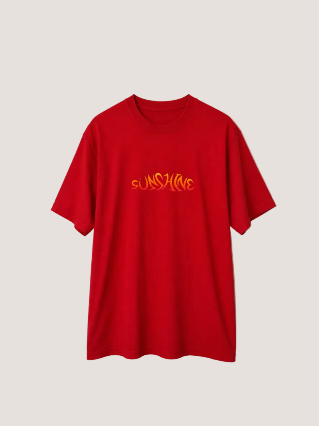 Red t-shirt with 'SUNSHINE' text on a beige background