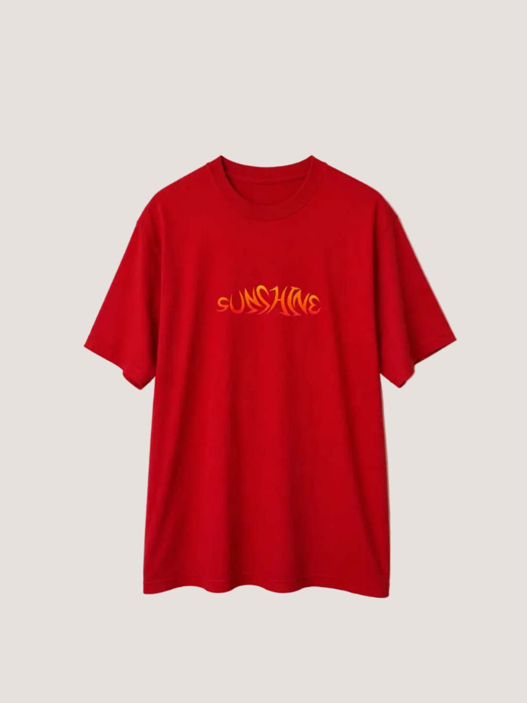 Red t-shirt with 'SUNSHINE' text on a beige background
