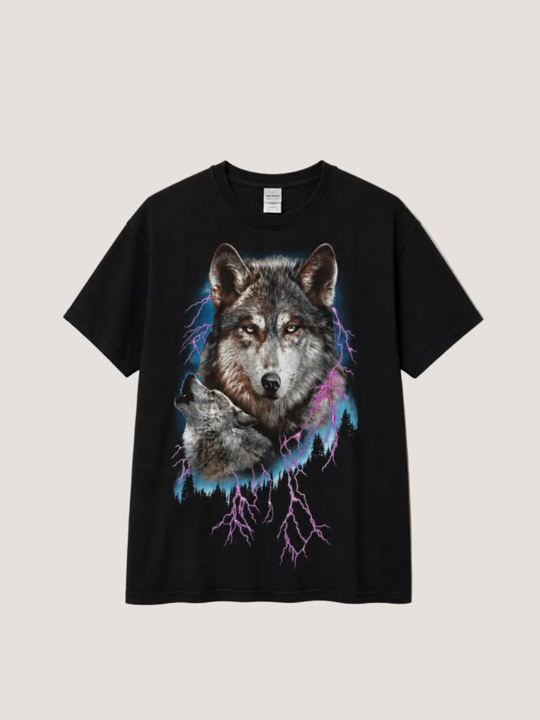 Black t-shirt with a wolf graphic design on a beige background